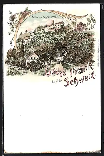 Lithographie Neumühle /Fränk. Schweiz, Ortsansicht mit Burg Rabenstein