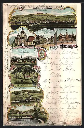 Lithographie Weissenburg, Ellinger Tor, Wildbad u. kgl. Realschule, Römerkastell