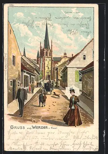 Lithographie Werder, Strassenpartie mit Pferdekutsche und Blick zur Kirche