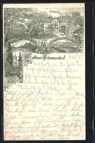 Lithographie Schmausenbuck, Aussichtsturm, Ortsansicht mit Dampfzug