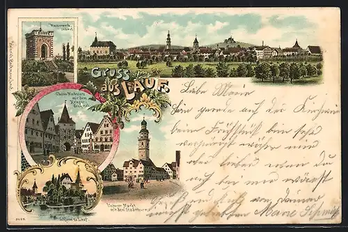 Lithographie Lauf, Oberer Marktplatz, Kriegerdenkmal, Unterer Markt, Stadtturm