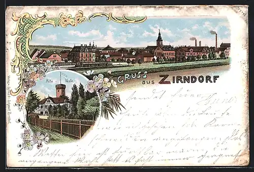 Lithographie Zirndorf, Alte Veste, Ortsansicht mit Kirche