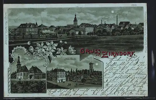 Lithographie Zirndorf, Alte Veste, Kirche u. Pfarrhaus, Panorama