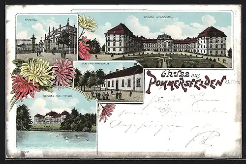 Lithographie Pommersfelden, Schloss Weissenstein, Marstall, Gasthaus Schloss-Wirtschaft