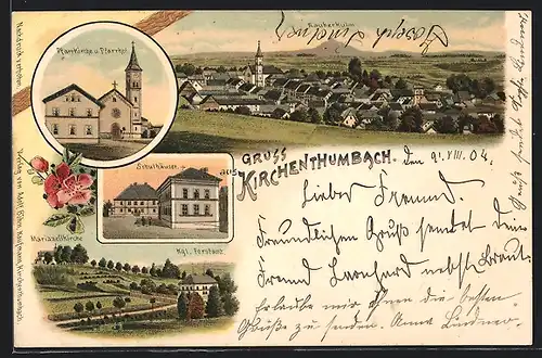 Lithographie Kirchenthumbach, Pfarrkirche u. Pfarrhof, Kgl. Forstamt, Schulhäuser
