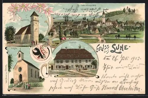 Lithographie Luhe, Pfarrhof und Kapelle, Koppelkirche, Ortsansicht mit Koppelberg