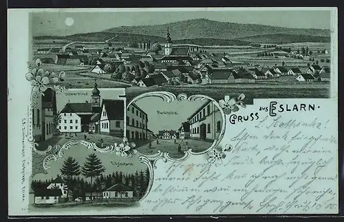 Mondschein-Lithographie Eslarn, Strassenpartie am unteren Winkel, Marktplatz, Ortsansicht