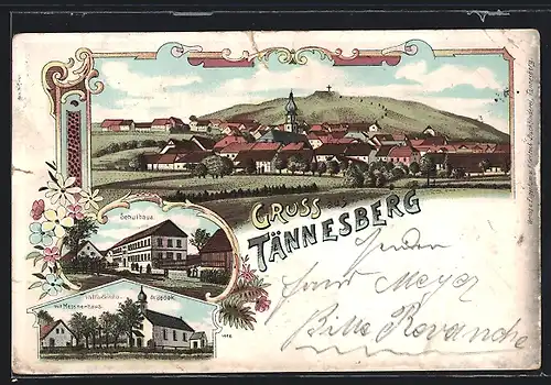 Lithographie Tännesberg, Wallfahrtskirche St. Jodok mit Messnerhaus, Schulhaus