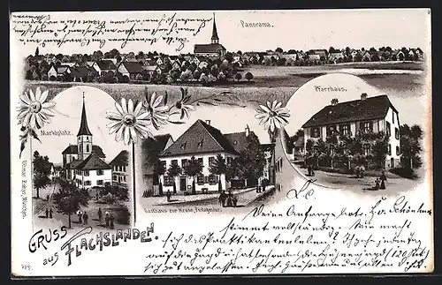 Lithographie Flachslanden, Gasthaus zur Krone, Pfarrhaus, Marktplatz