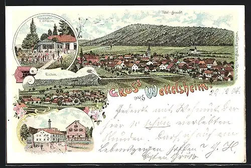 Lithographie Wettelsheim, Gasthaus Felsenkeller K. Strauss, Strauss`sche Brauerei