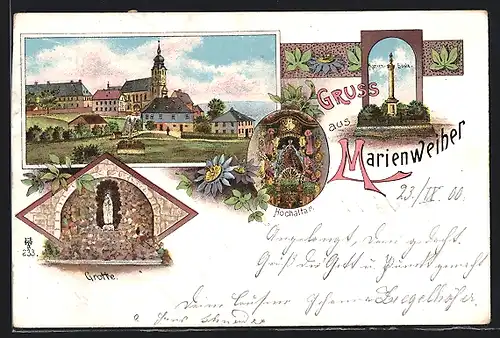 Lithographie Marienweiher, Blick zur Kirche, Grotte, Hochaltar, Marien-Säule