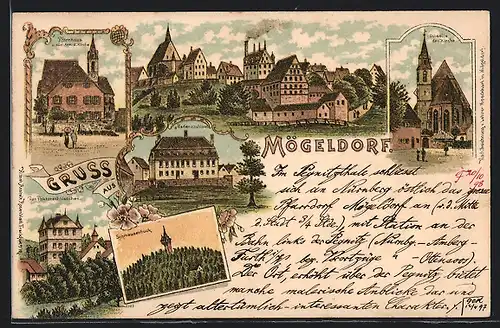 Lithographie Mögeldorf, Schmausenbuck, Pfarrhaus u. südliche Ansicht d. Kirche, Ostseite der Kirche