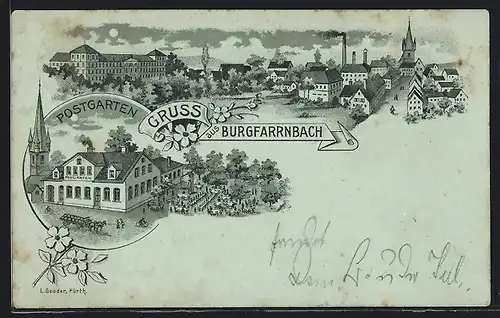 Mondschein-Lithographie Burgfarrnbach, Gasthaus Postgarten, Ortsansicht bei Vollmond