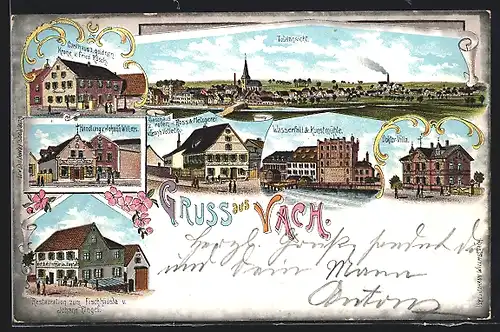 Lithographie Vach, Gasthaus z. goldenen Krone, Restaurant zum Fischhäusla, Wasserfall & Kunstmühle