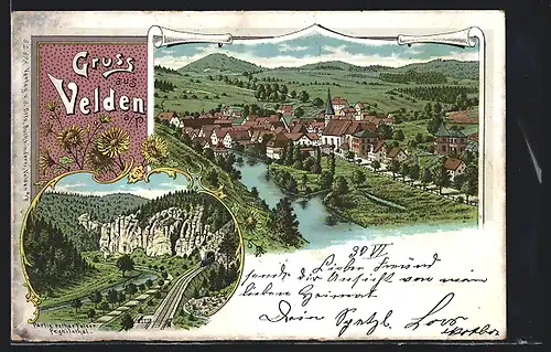 Lithographie Velden a. P., Partie rother Felsen im Pegnitzthal, Ortsansicht