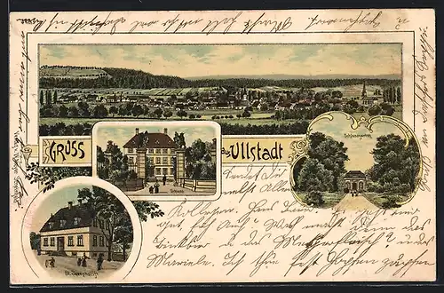 Lithographie Ullstadt, St. Josephstift, Schloss und Schlossgarten, Ortsansicht