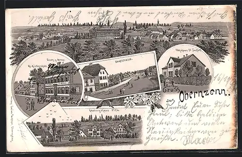 Lithographie Obernzenn, Gasthaus z. Krone, Hauptstrasse, Erholungshaus Villa