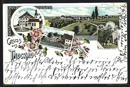 Lithographie Trockau, Schloss und Kapelle, Marktplatz, Partie aus dem Park