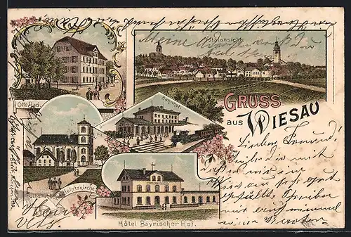 Lithographie Wiesau, Bahnhof, Hotel Bayrischer Hof, Wallfahrtskirche