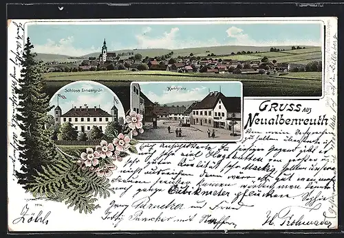Lithographie Neualbenreuth, Schloss Ernestgrün, Marktplatz, Gesamtansicht