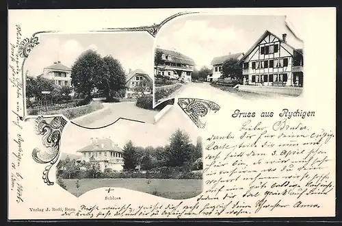 AK Rychigen, Schloss, Strassenpartien im Ort