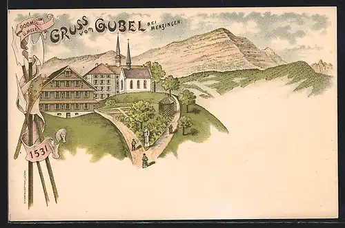 Lithographie Menzingen, Kapelle und Gebäude auf dem Gubel