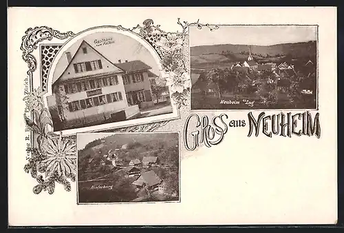 AK Neuheim, Gasthaus zum Falken, Hinterburg, Ortsansicht mit Kirche