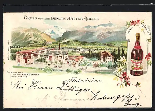 Lithographie Interlaken, Dennler-Bitter-Quelle, Flasche Bitter Dennler