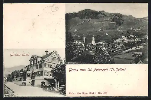 AK St. Peterzell /St. Gallen, Gasthaus Hörnli, Ortsansicht mit Kirche