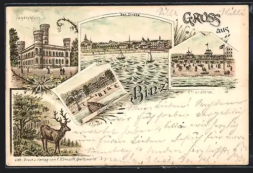 Vorläufer-Lithographie Binz, 1895, Strandhotel, Jagdschloss, Strand