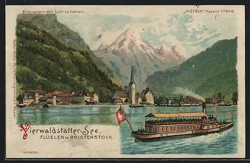 Lithographie Flüelen, Ortsansicht vom Vierwaldstätter-See mit Bristenstock, Dampfer, Halt gegen das Licht: Alpenglühen