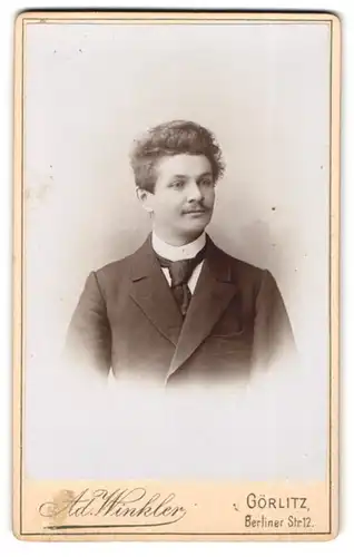 Fotografie Ad. Winkler, Görlitz, Berliner Str. 12, Junger Mann mit Schnurrbart und Krawatte