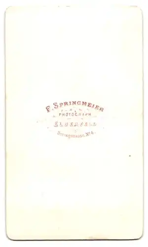 Fotografie F. Springmeier, Elberfeld, junger Mann in karierter Hose und Mantel samt Fliege, lehnt am Sekretär