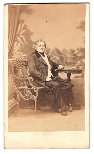 Fotografie L. Harnecker, Wriezen, älterer Herr im Anzug sitzend auf einer Bank, vor einer Studiokulisse