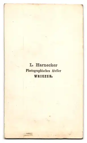 Fotografie L. Harnecker, Wriezen, älterer Herr im Anzug sitzend auf einer Bank, vor einer Studiokulisse