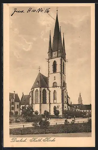 AK Durlach, Kath. Kirche mit Grünanlage