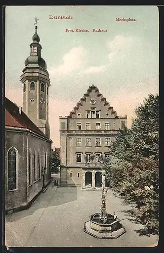 AK Durlach, Rathaus mit Marktplatz und Prot. Kirche