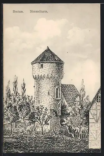 Künstler-AK Bretten, Simmelturm am Feld