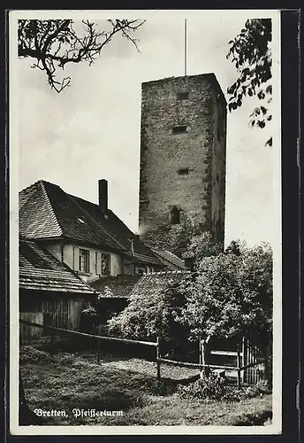 AK Bretten, Pfeifferturm mit Häusern