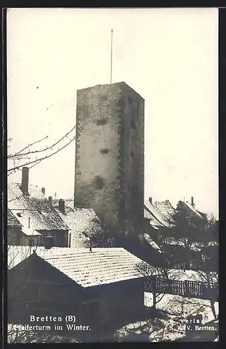 AK Bretten, Blick auf den Pfeifferturm im Winter