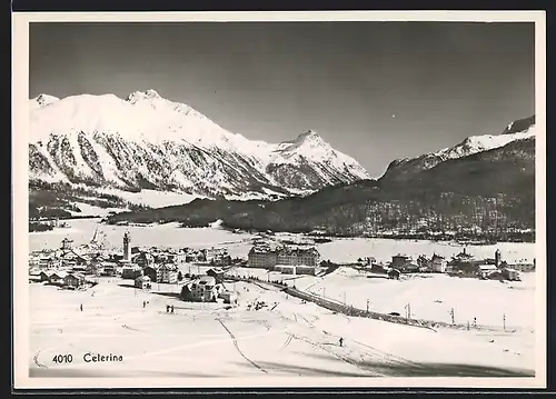 AK Celerina, Ortsansicht mit verschneiter Landschaft