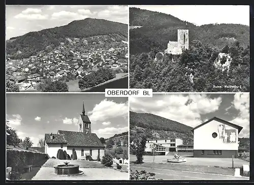 AK Oberdorf /BL, Ortsansicht, Ruine Waldenburg, Kirche