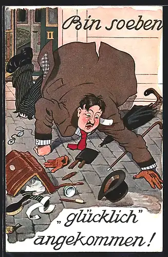 Künstler-AK P. O. Engelhard (P.O.E.) unsign.: Reisender ist vorm Bahnhof gestürzt