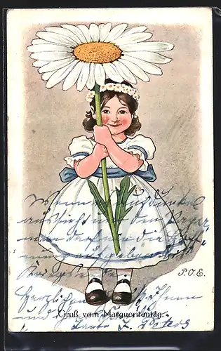 Künstler-AK P. O. Engelhard (P.O.E.): Margueritentag, Süsses Mädchen mit Blume