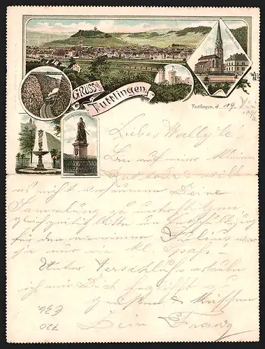 Klapp-Lithographie Tuttlingen, Am Schneckenburger Denkmal, Katholische Kirche, Ortsansicht mit Burg Hohnberg