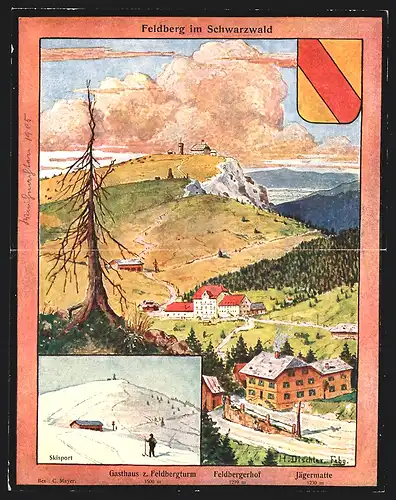 Künstler-Klapp-AK Feldberg, Gasthaus z. Feldbergturm, Feldberghof, Jägermatte