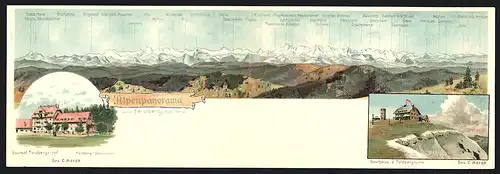 Klapp-Lithographie Feldberg, Alpenpanorama mit Gasthöfen Feldberghof und Feldbergturm