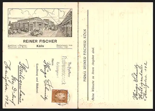 Klapp-Künstler-AK Köln, Konditorei u. Bäckerei-Maschinen und Geräte Reiner Fischer, Maximinenstrasse 10-20