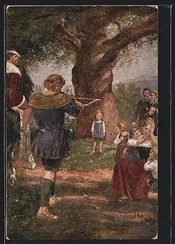 Künstler-AK Kränzle: Wilhelm Tell schiesst seinem Sohn einen Apfel vom Kopf