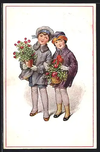 Künstler-AK Kränzle: Kleine Gratulantinnen bringen Blumengrüsse